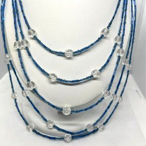 Clear Faceted Crystal & Blue Glass Bugle Beads Multi Layer Silver Tone‎ Necklace